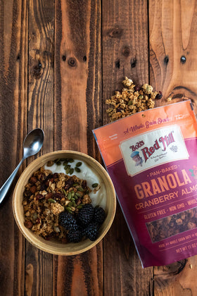 Bob's Red Mill Cranberry Almond Granola bowl with yogurt—crunchy texture and protein boost