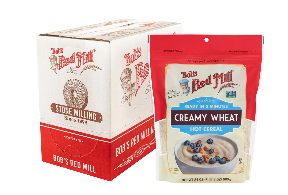 Bob's Red Mill Creamy Wheat Hot Cereal packaging showcases a ready-to-eat breakfast.