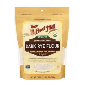 Bob's Red Mill Organic Dark Rye Flour pouring for easy, quick mixing.