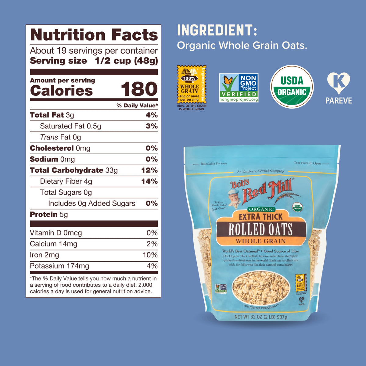 Bob's Red Mill oats provide six grams fiber and protein per serving