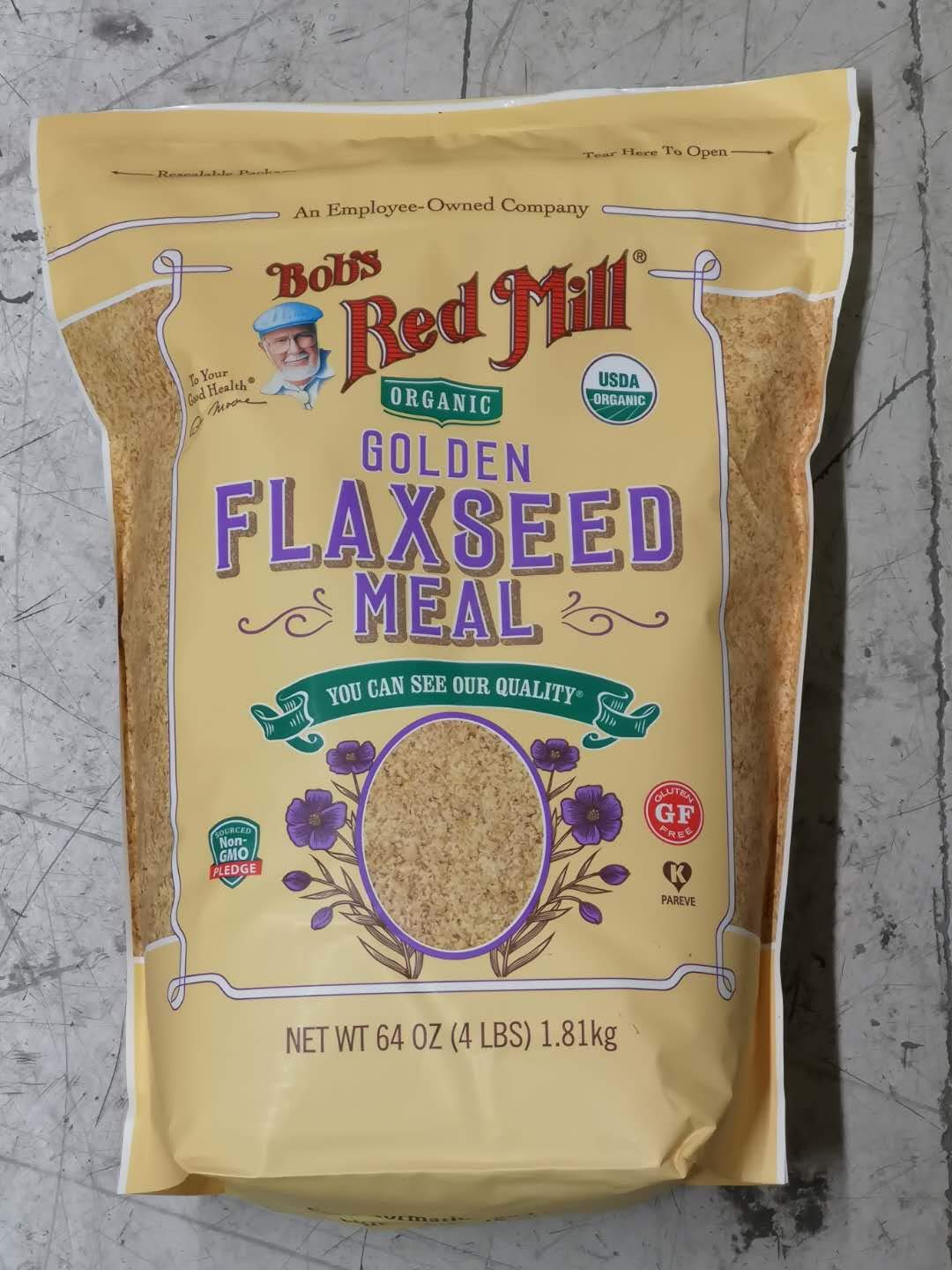 Bob's Red Mill flaxseed meal 4 lb front view, organic golden flax for baking