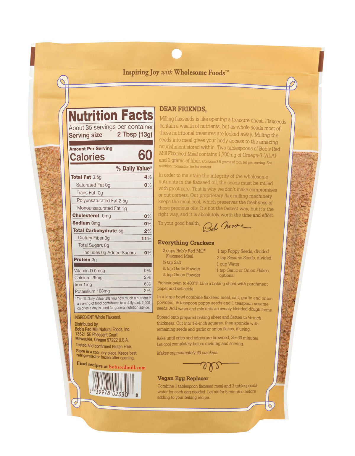 Bob's Red Mill flaxseed meal scoop used for vegan baking.