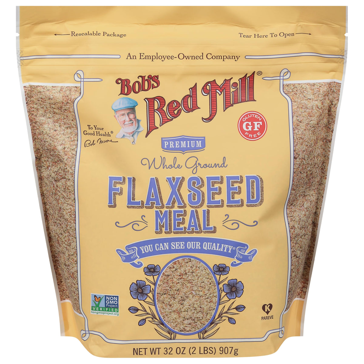 Bob's Red Mill flaxseed meal scoop beside measuring spoon, indicating easy protein boost.