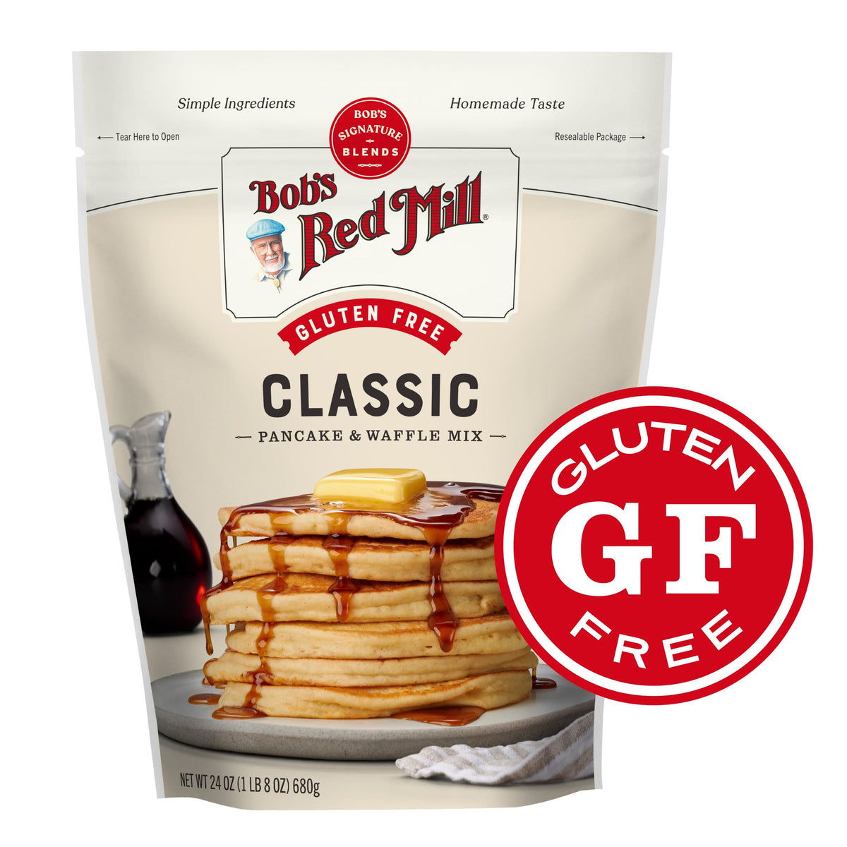 Stack of light, fluffy pancakes made with Bob's Red Mill mix.
