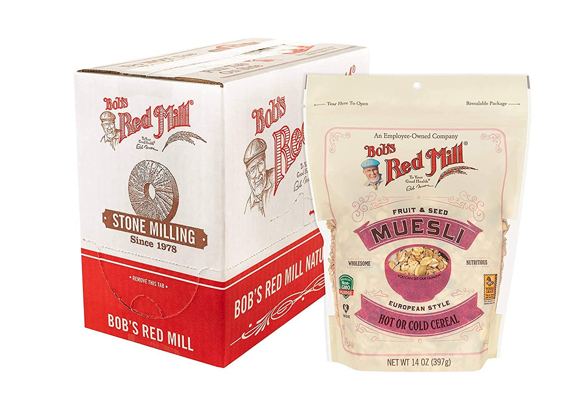 Bob's Red Mill Fruit & Seed Muesli 2-pack served with milk for a fiber-rich breakfast.