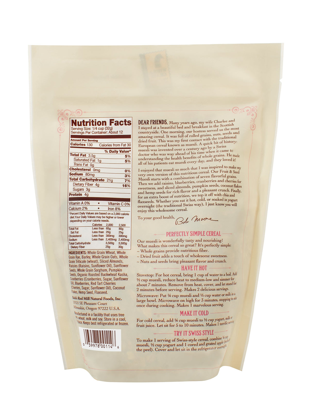 Dried fruit and nuts visible in Bob's Red Mill muesli, offering natural sweetness.