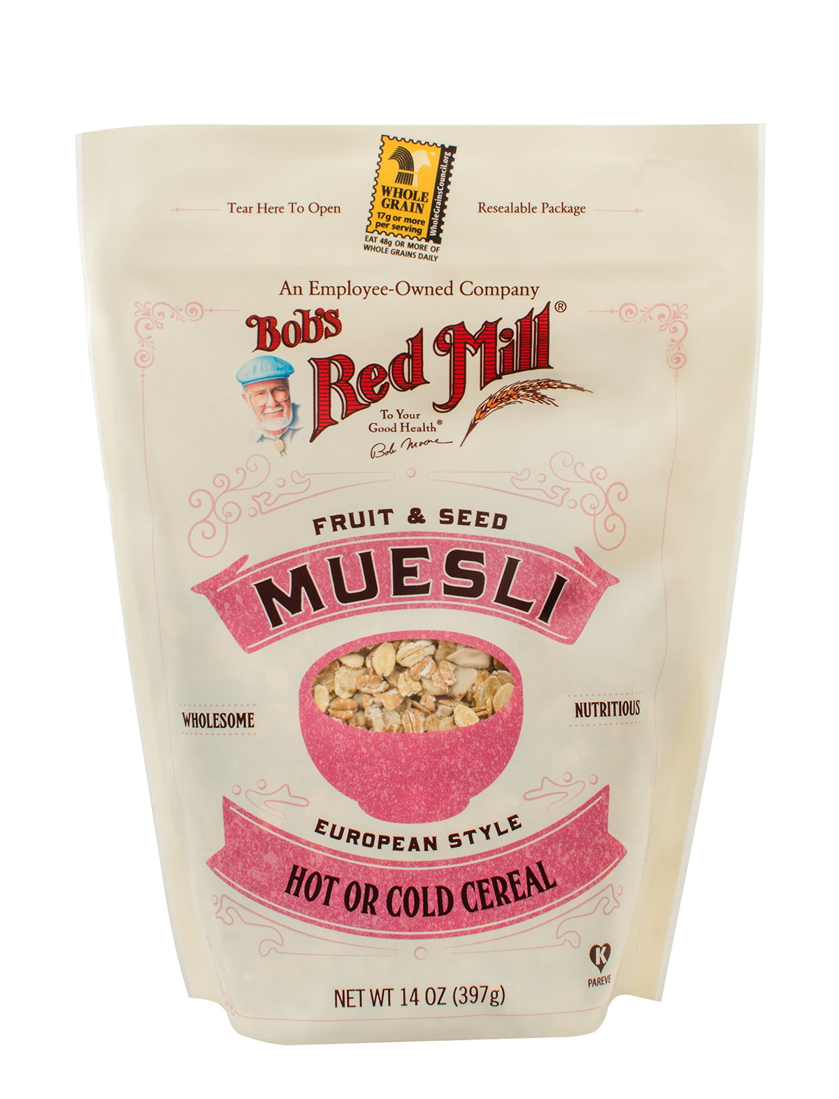 Close-up of whole grains and seeds in Bob's Red Mill muesli, showcasing hearty texture.