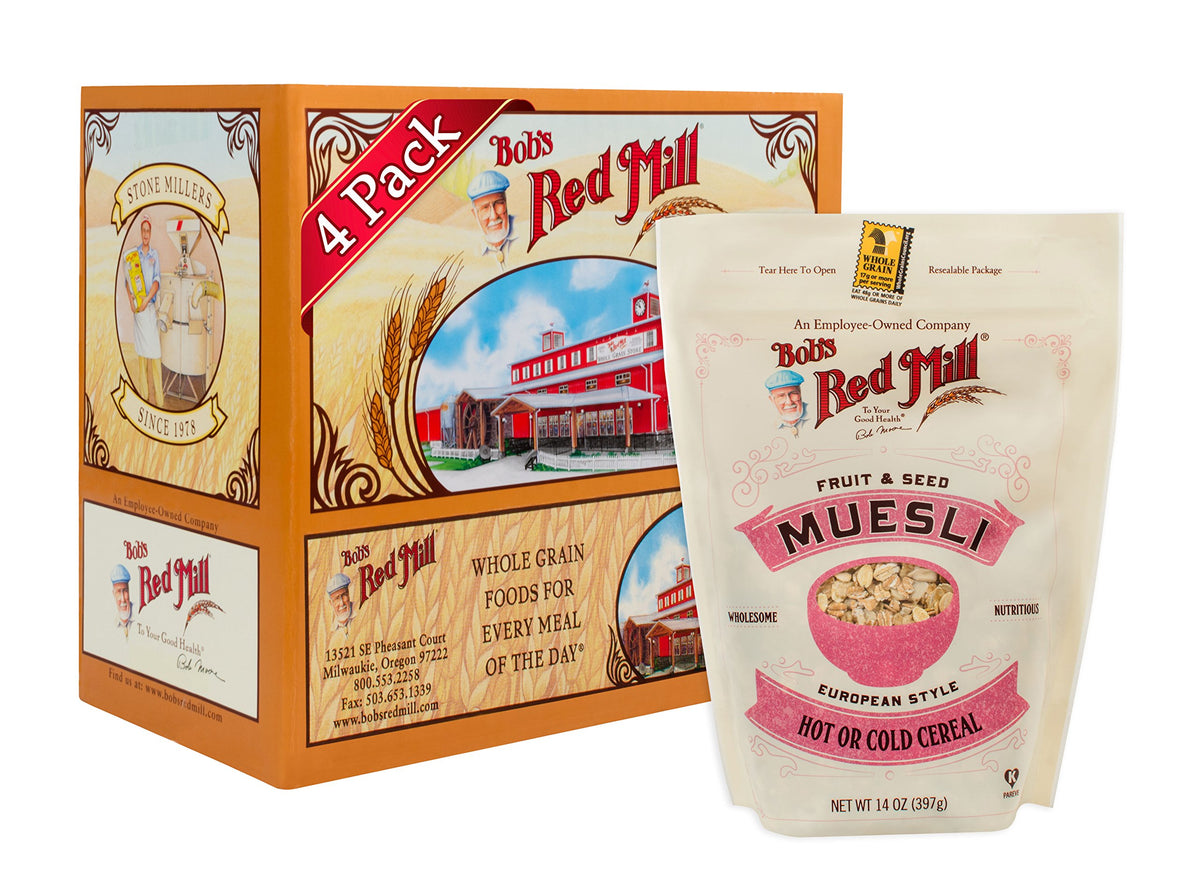 Bob's Red Mill fruit and seed muesli 4-pack packaging, ready for versatile breakfasts.