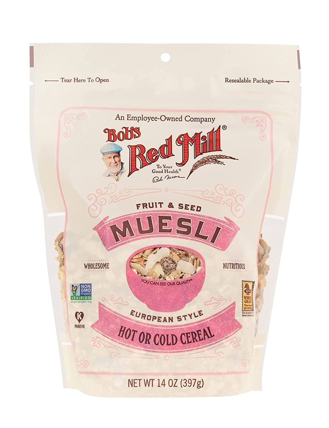 Bob's Red Mill muesli bowl featuring fruit and seeds ideal with yogurt.
