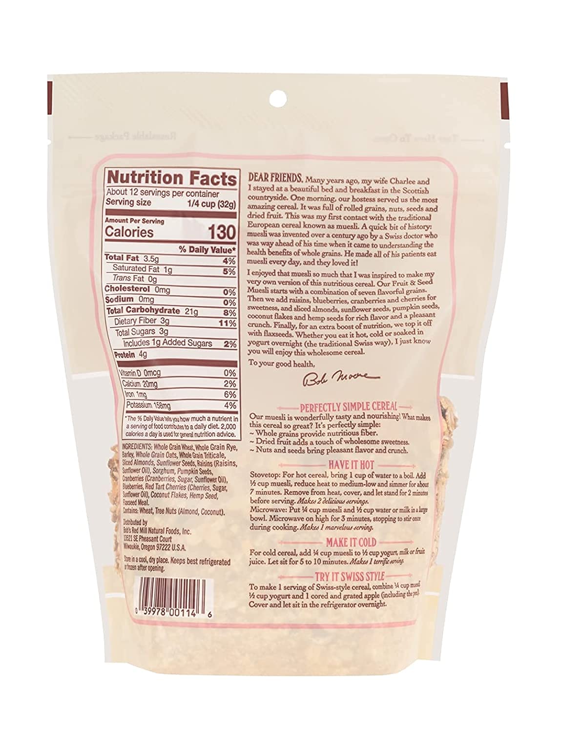 Fruit & Seed Muesli mix showing whole grains and dried fruit for versatile breakfasts.