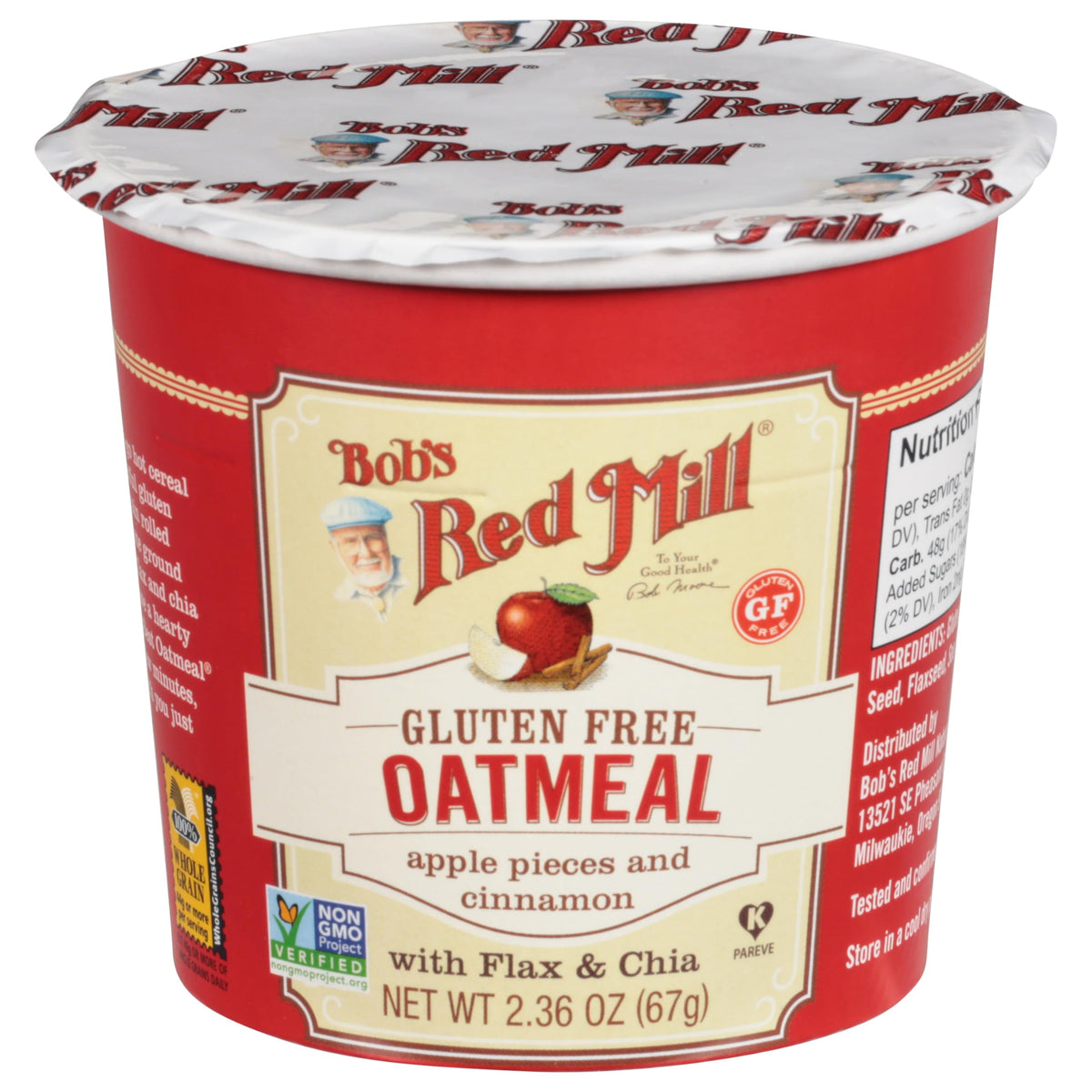 Bob's Red Mill GF Oatmeal Cup Apple Cinnamon bowl ready shows warm, convenient breakfast