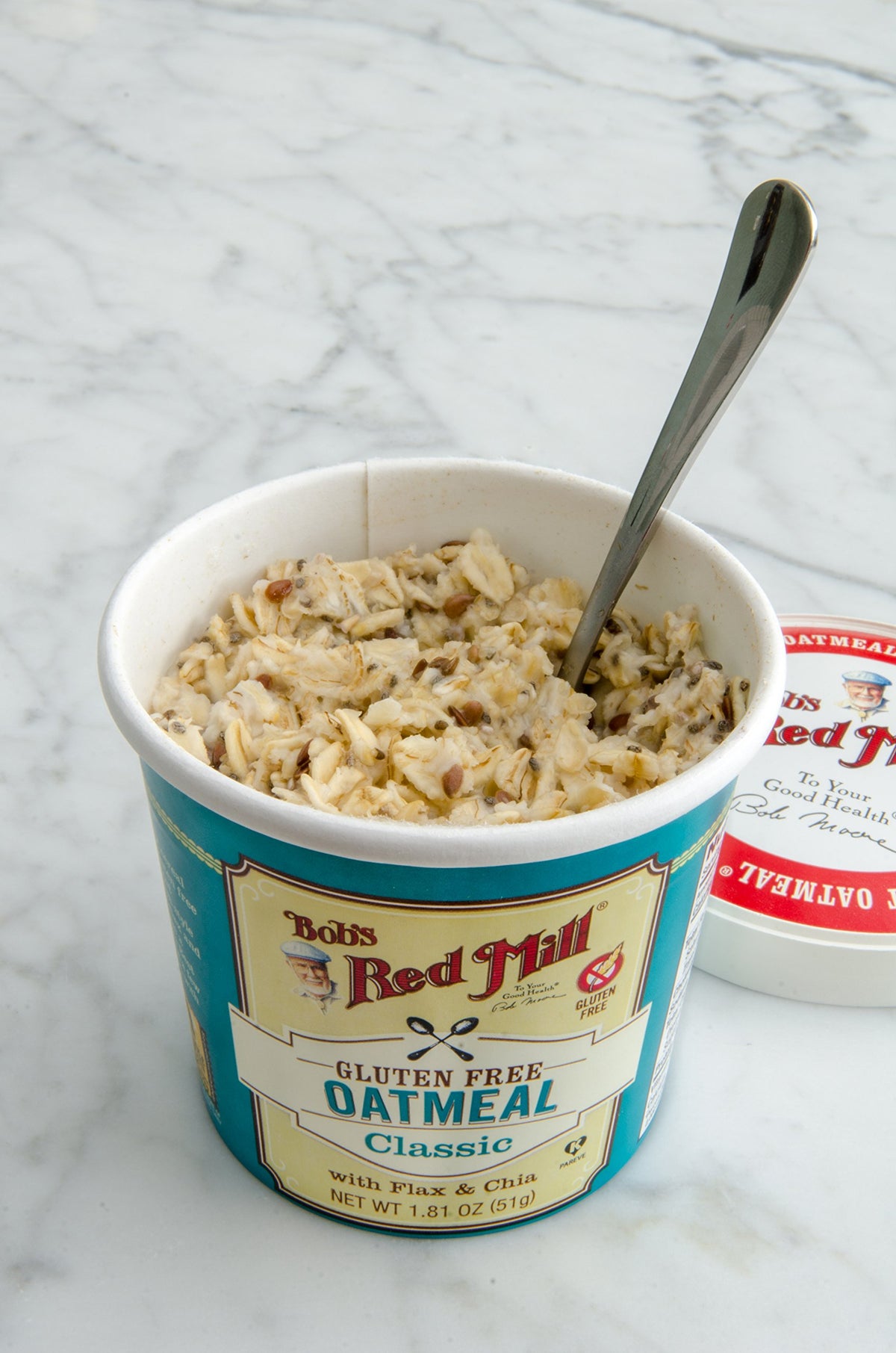 Bob's Red Mill GF Oatmeal Cup ingredients with flax and chia for fiber