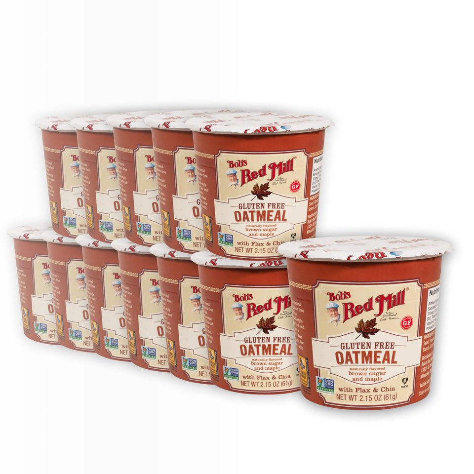Bob's Red Mill GF Oatmeal Cup Maple & Brown Sugar, front view, ideal for quick breakfasts.