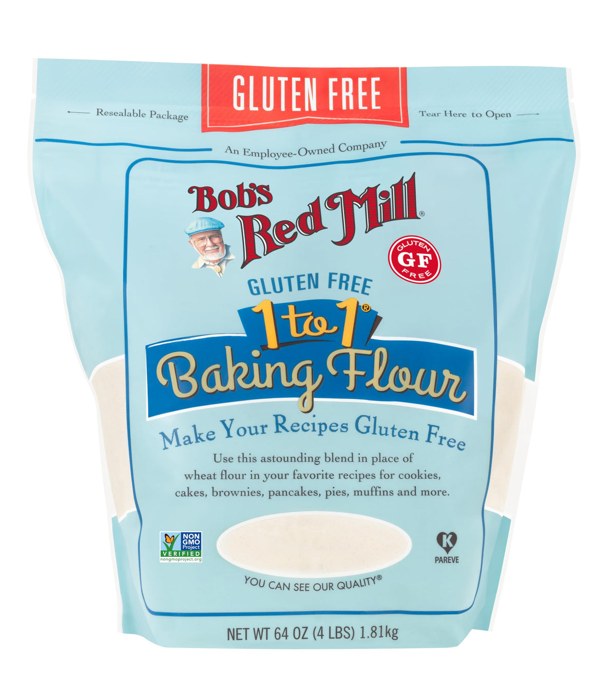 Bob's Red Mill gluten free flour being used to make fluffy pancakes on a griddle
