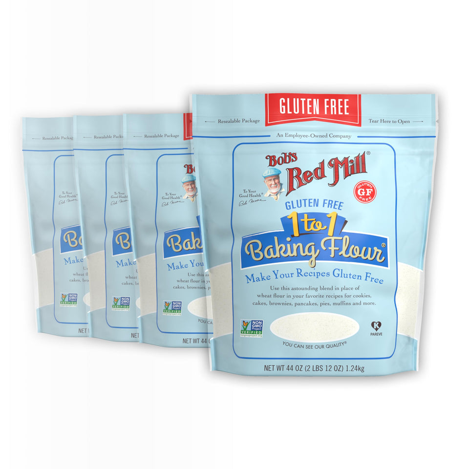 Bob's Red Mill Gluten Free 1-to-1 Baking Flour packaging close-up for gluten-free convenience.