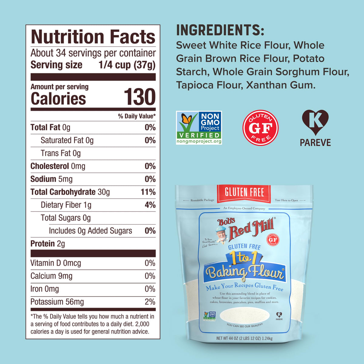 Bob's Red Mill Gluten Free 1-to-1 flour with measuring spoons.
