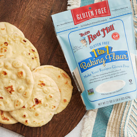 Bob's Red Mill Gluten Free 1-to-1 flour bag on pantry shelf.