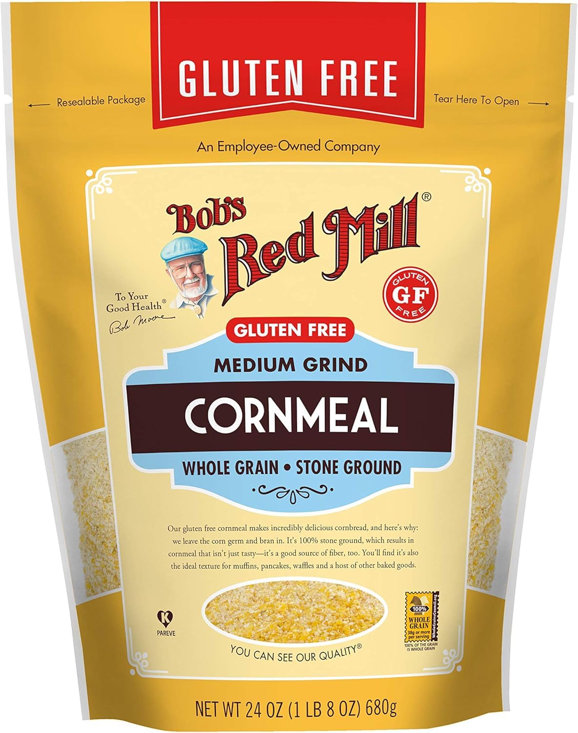 Bob's Red Mill gluten-free cornmeal ingredients highlight whole grains for diverse recipes.