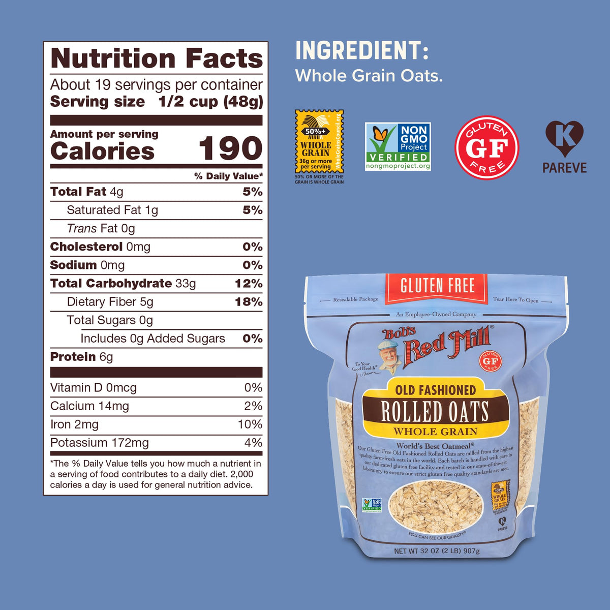 Bob's Red Mill gluten-free oats label from a dedicated facility