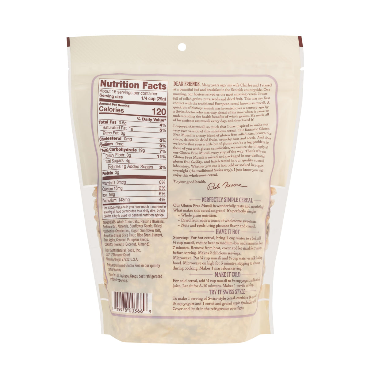 Bob’s Red Mill Gluten Free Muesli labeled gluten-free on packaging.