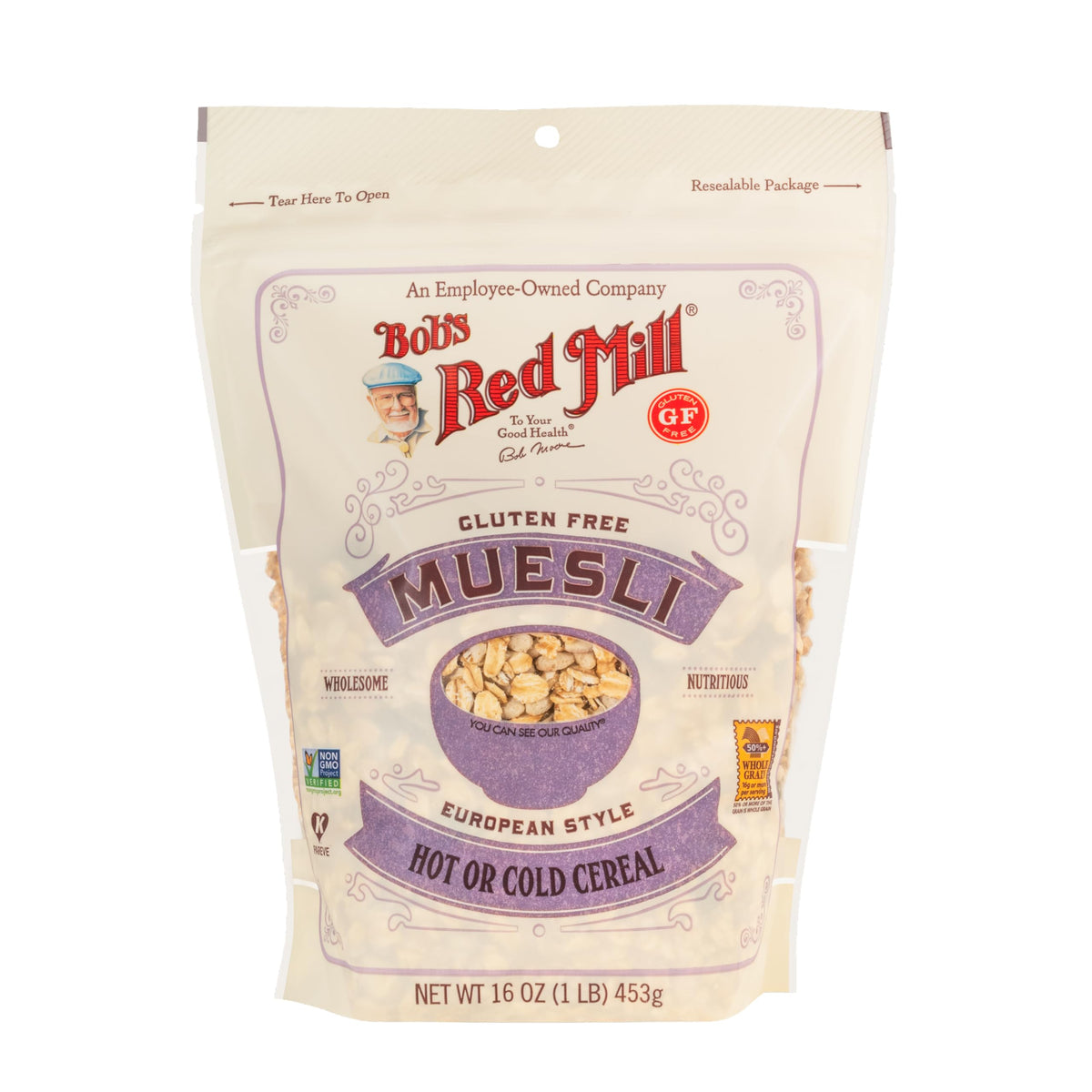 Bob’s Red Mill Gluten Free Muesli ingredients include oats, nuts, seeds, and dried fruit.