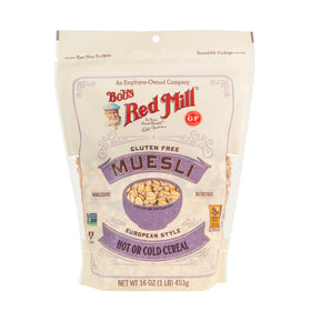 Bob’s Red Mill Gluten Free Muesli ingredients include oats, nuts, seeds, and dried fruit.