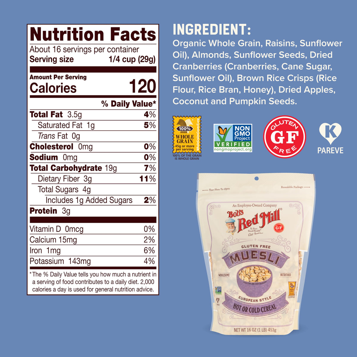 Bob’s Red Mill Gluten Free Muesli Non-GMO badge signals ingredient integrity.