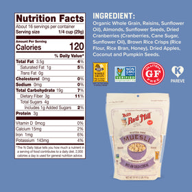Bob’s Red Mill Gluten Free Muesli Non-GMO badge signals ingredient integrity.
