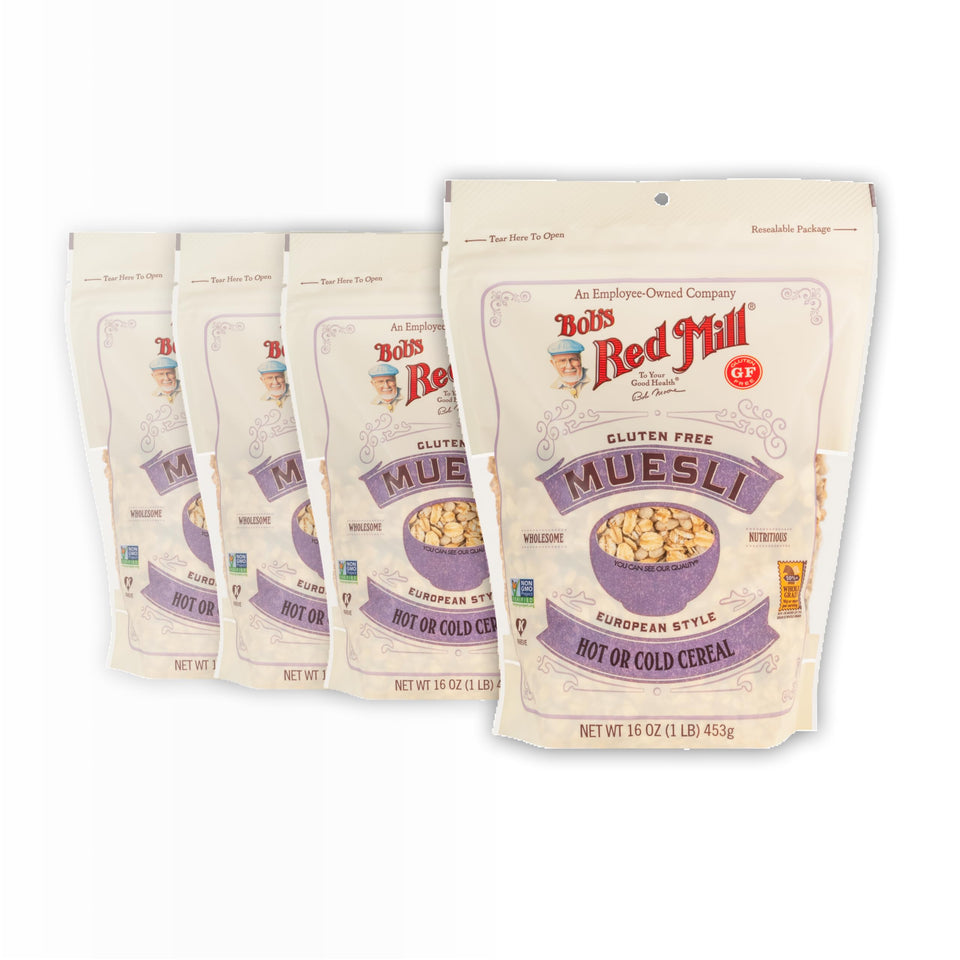 Bob's Red Mill Gluten Free Muesli pack of four boxes for easy breakfasts.