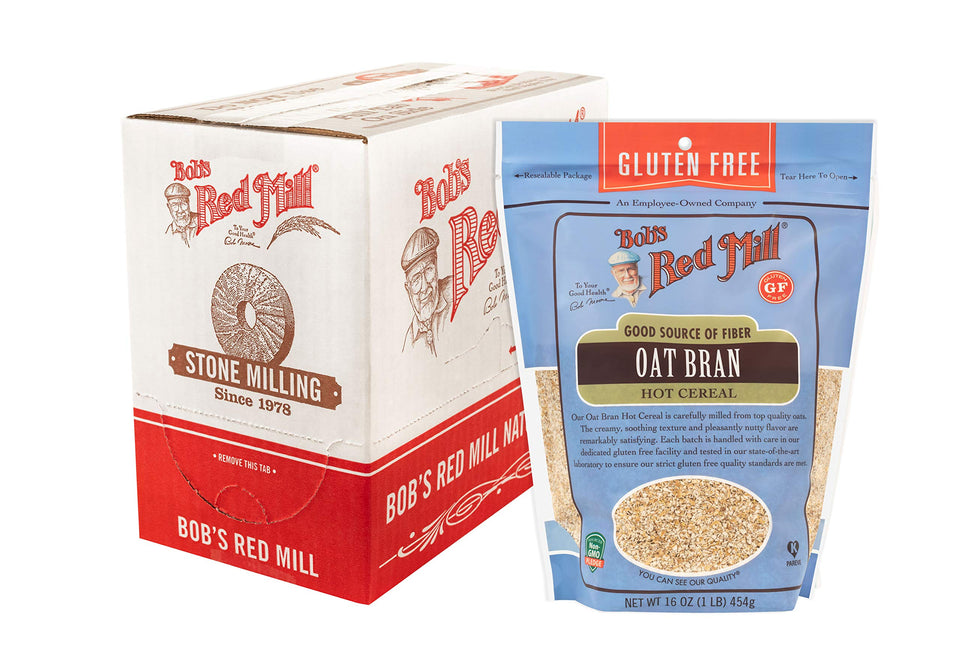Bob's Red Mill gluten free oat bran hot cereal in a steaming bowl for fiber