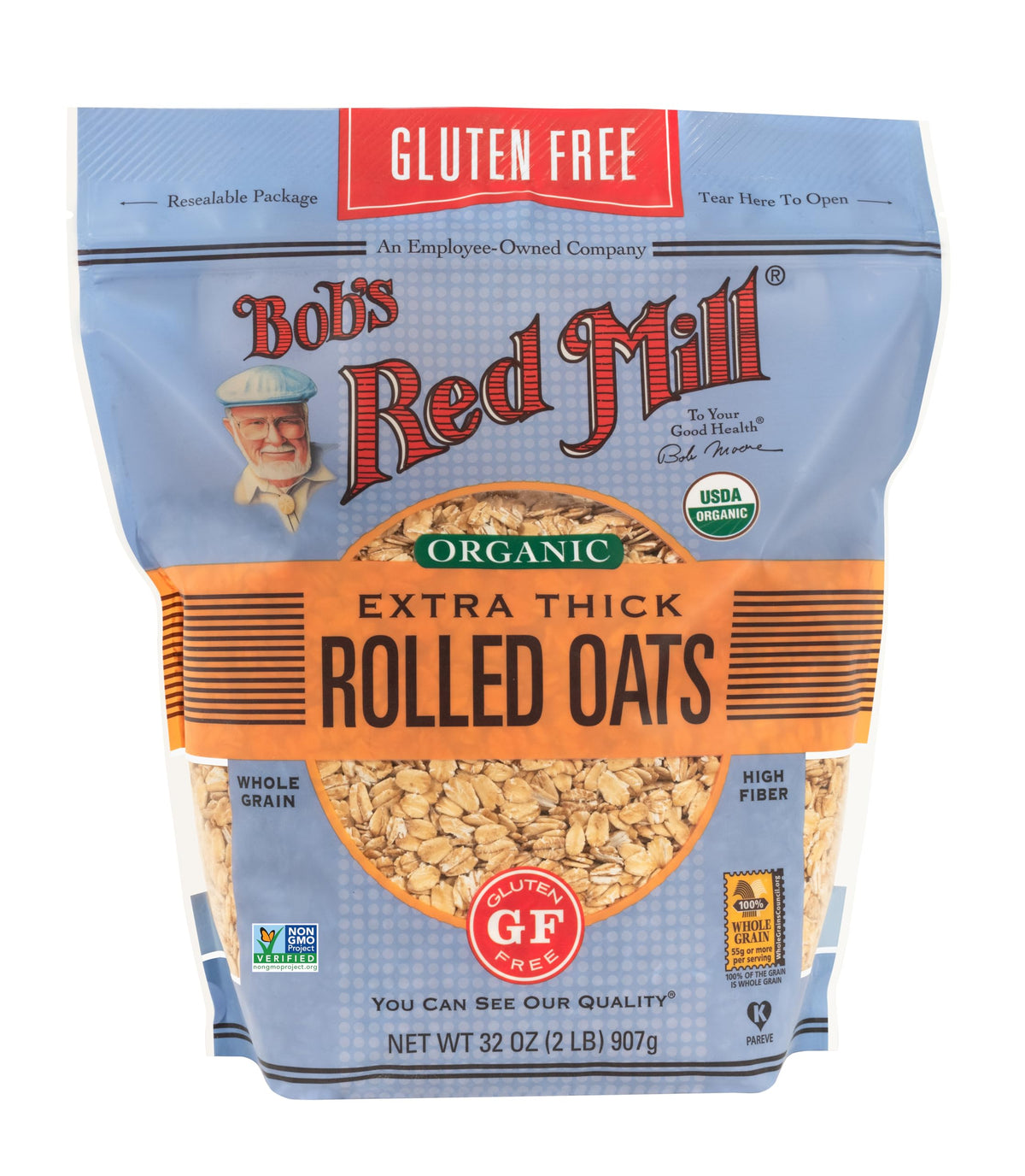 Bob's Red Mill gluten-free organic oats packaging shows four-pack convenience
