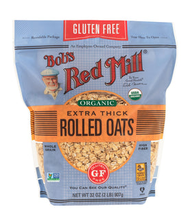 Bob's Red Mill gluten-free organic oats packaging shows four-pack convenience