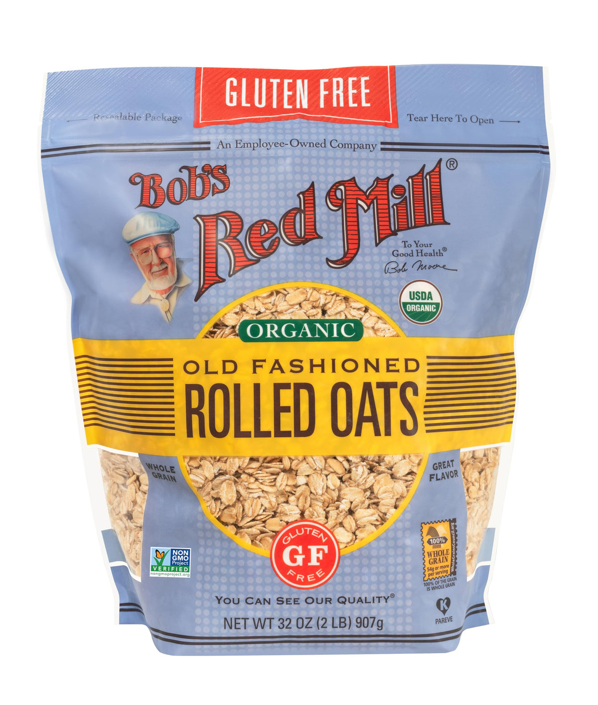 Pouring Bob's Red Mill oats for quick gluten-free morning prep