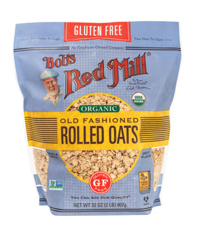 Pouring Bob's Red Mill oats for quick gluten-free morning prep