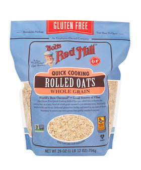 Bob's Red Mill gluten-free quick cooking oats ready-to-cook bowl on stove or microwave.