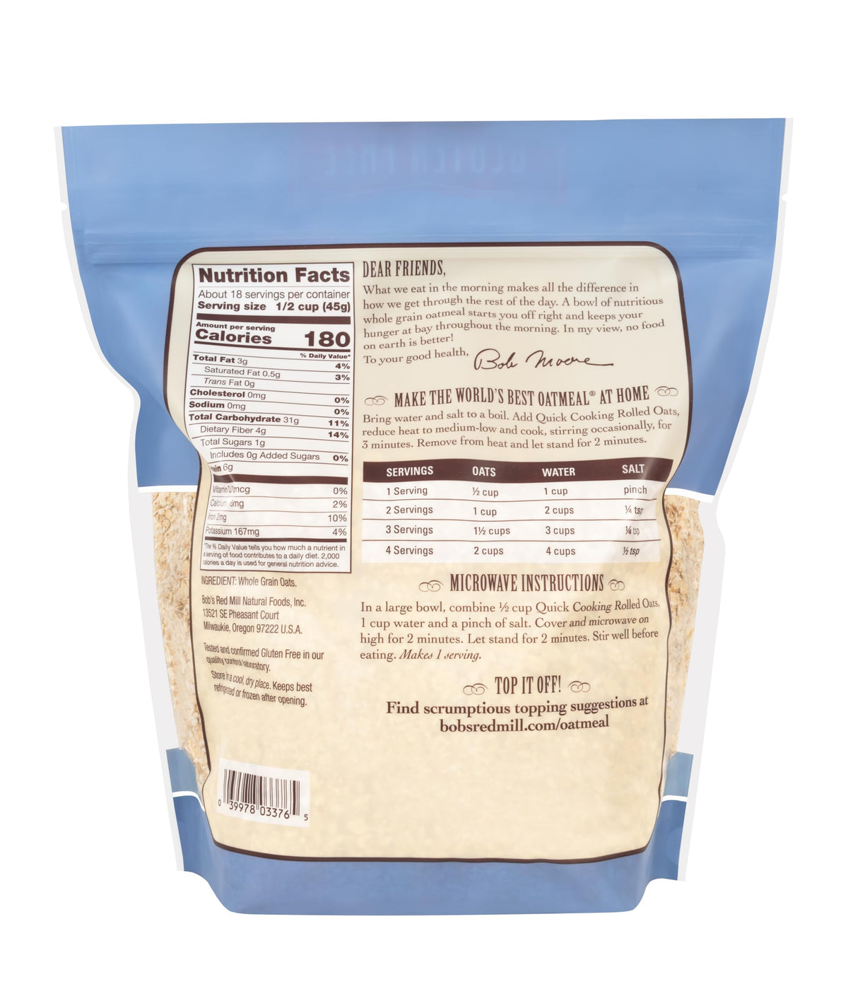 Bob's Red Mill gluten-free quick cooking oats measured in a cup for precise portions.