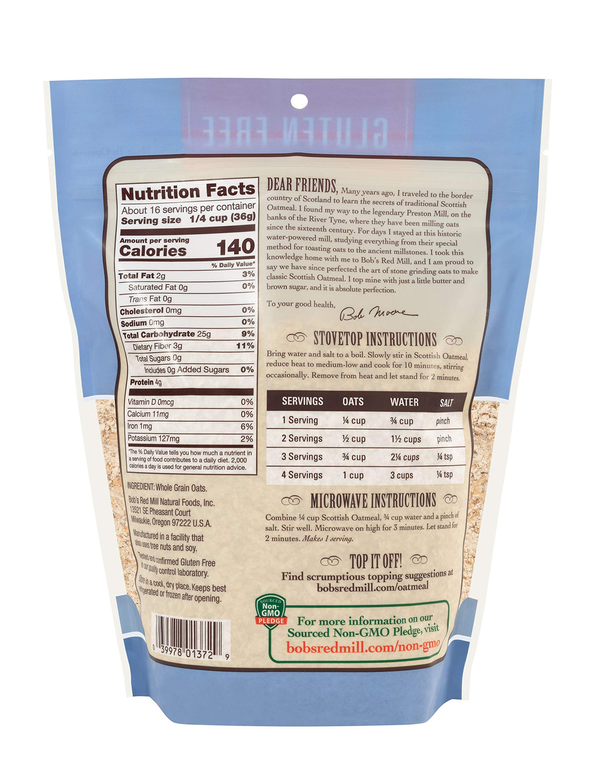 Bob's Red Mill gluten free Scottish oatmeal facility label signaling dedicated gluten free site