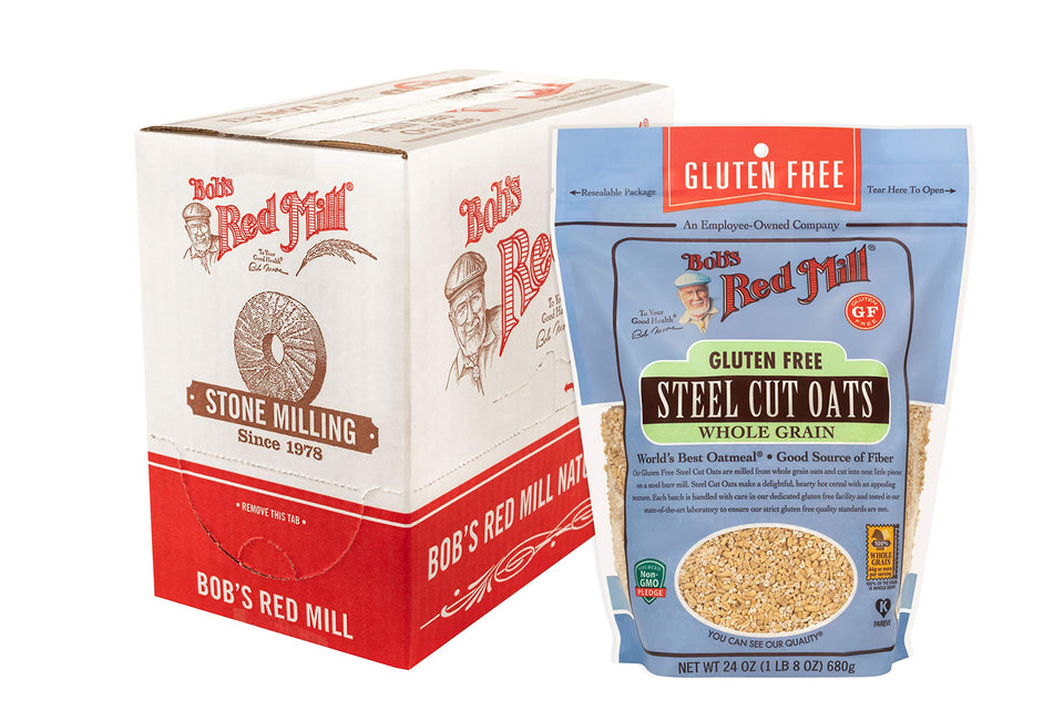 Bob's Red Mill gluten free steel cut oats in a bowl for a hearty fiber-rich breakfast