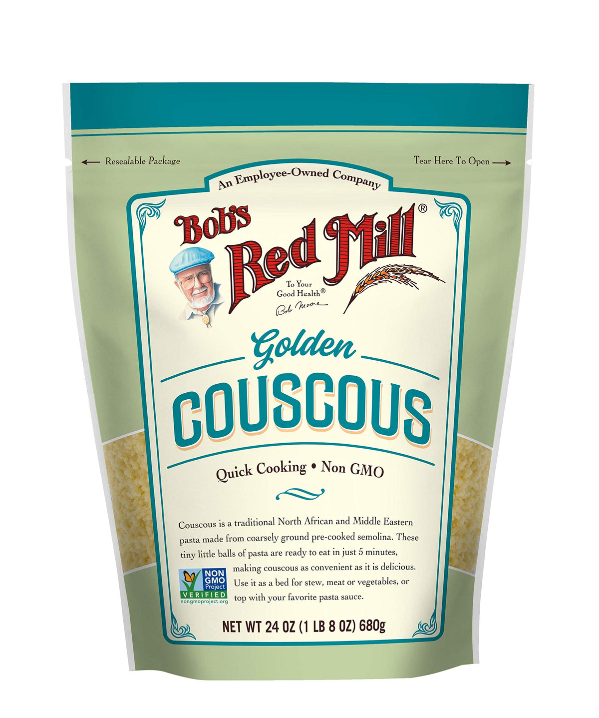Uncooked Golden Couscous grains ideal as a versatile base for stews and vegetables.