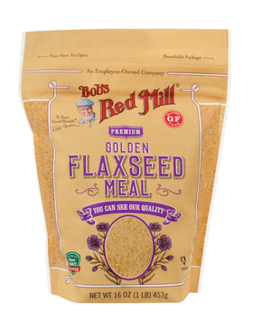 Golden Flaxseed Meal being poured into batter for a nutty flavor boost.