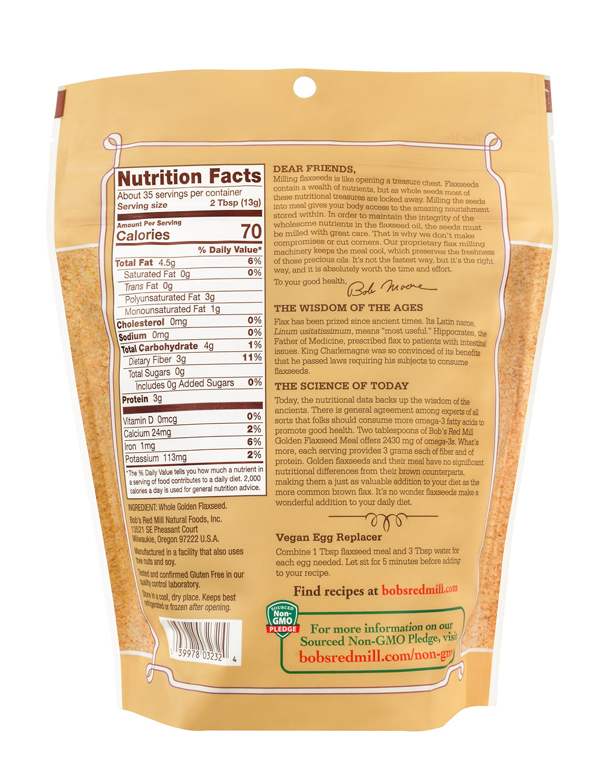 Bob's Red Mill Golden Flaxseed Meal canister with scoop, highlighting fiber and protein.