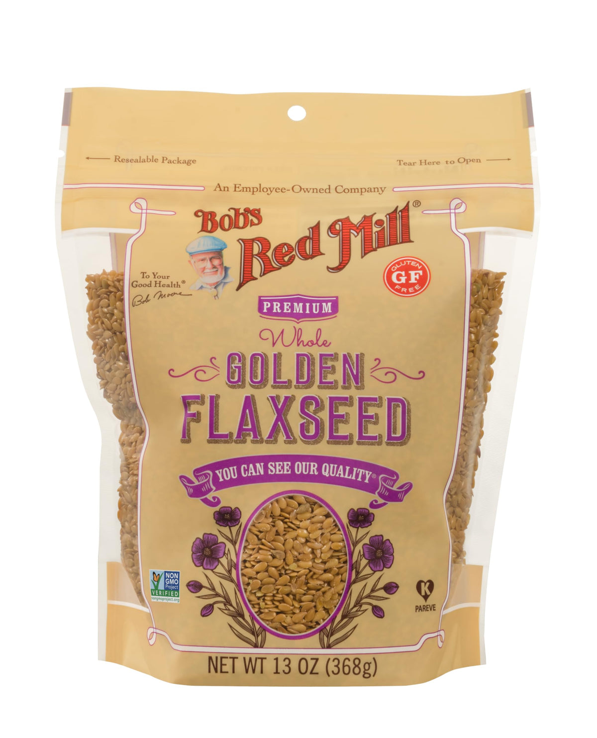 Bob's Red Mill Golden Flaxseeds bag closeup highlighting golden color and mild nutty flavor.