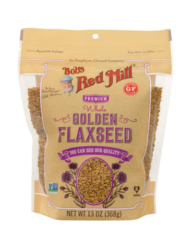 Bob's Red Mill Golden Flaxseeds bag closeup highlighting golden color and mild nutty flavor.