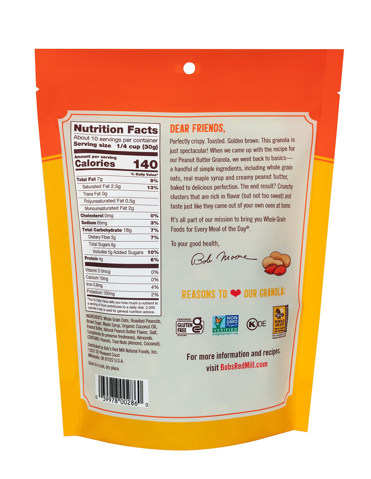 Bob's Red Mill granola being poured, crisp texture highlighted.