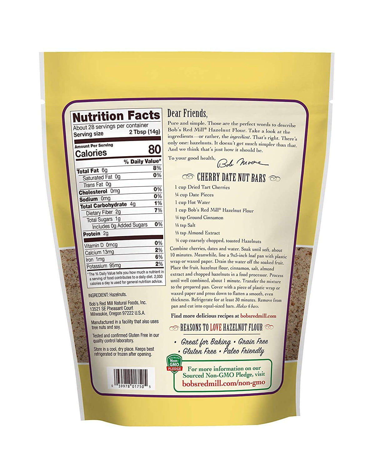 Bob's Red Mill Hazelnut Flour back shows ingredients and gluten-free use.