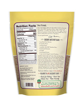 Bob's Red Mill Hazelnut Flour back shows ingredients and gluten-free use.