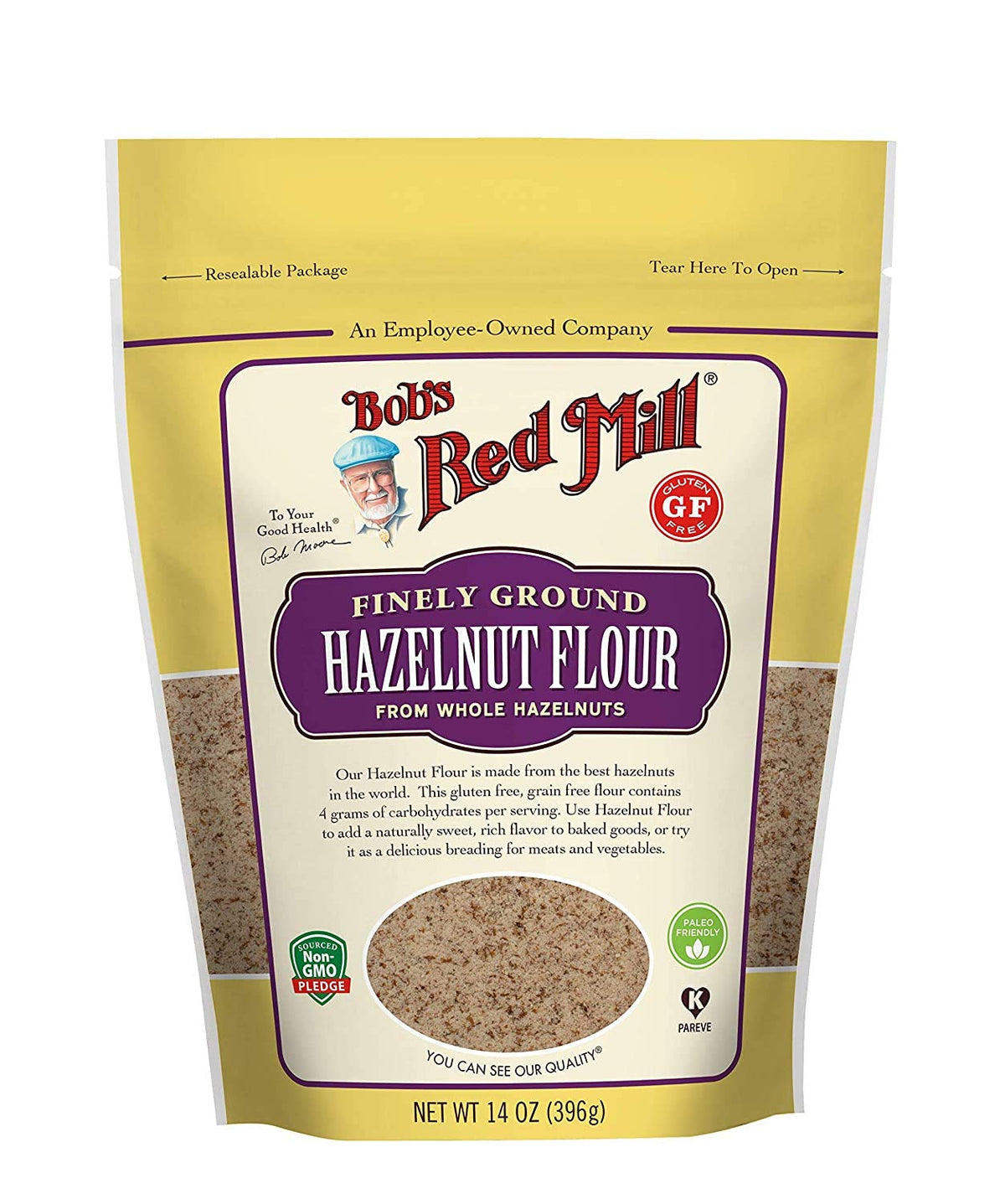 Bob's Red Mill Hazelnut Flour pack front, paleo-friendly and low-carb.