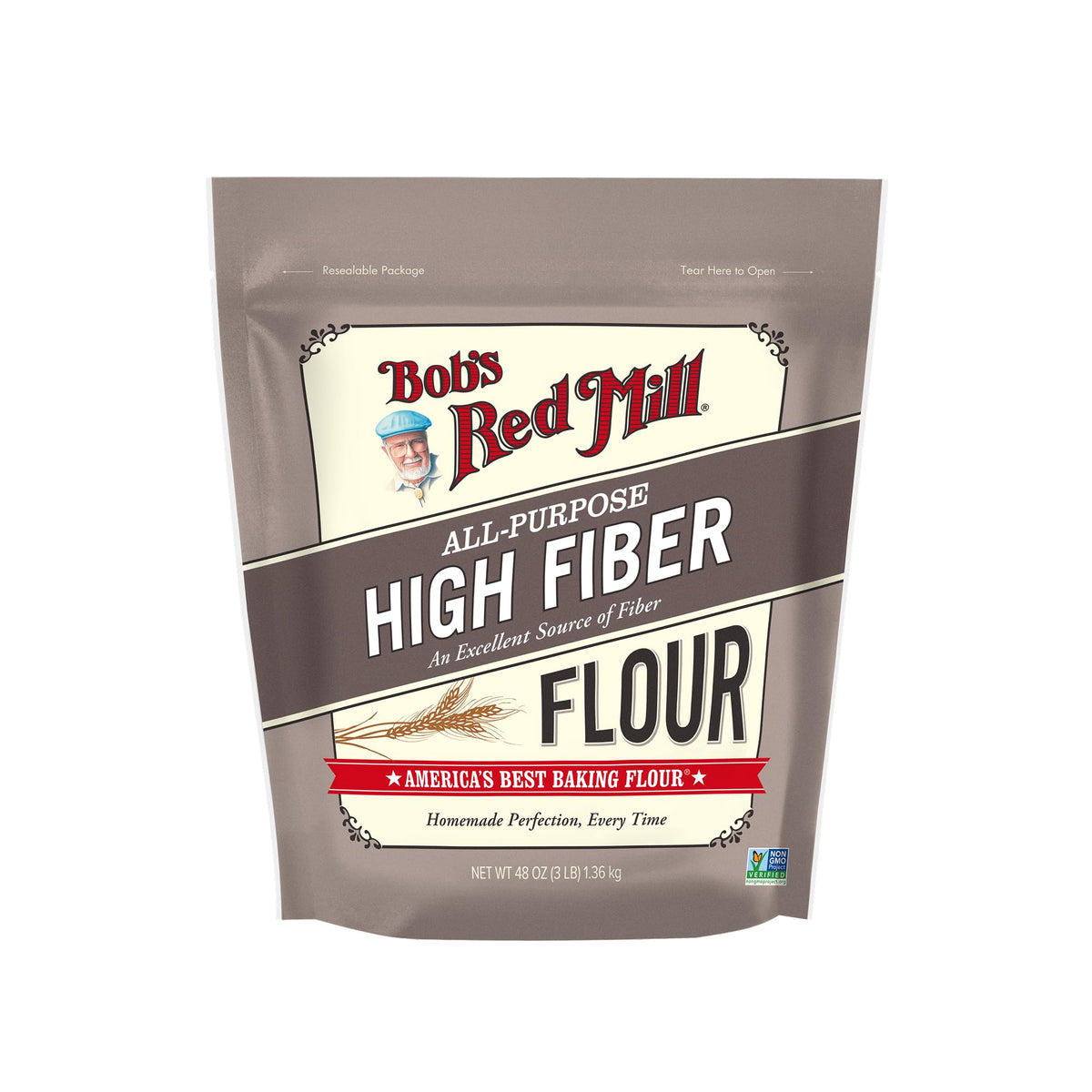 Bob's Red Mill High Fiber Flour bag front highlighting fiber boost for everyday baking.
