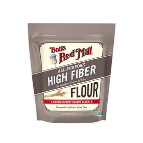 Bob's Red Mill High Fiber Flour bag front highlighting fiber boost for everyday baking.