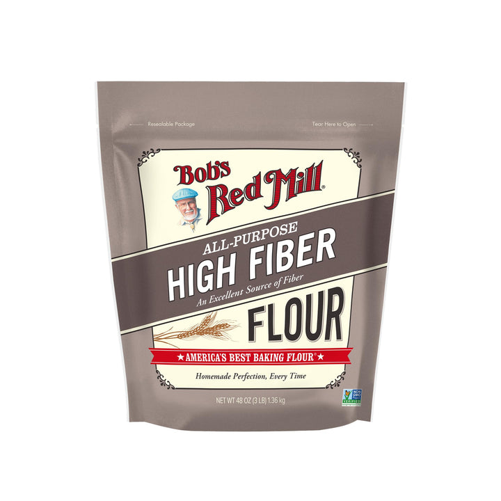 Bob's Red Mill High Fiber Flour bag front highlighting fiber boost for everyday baking.